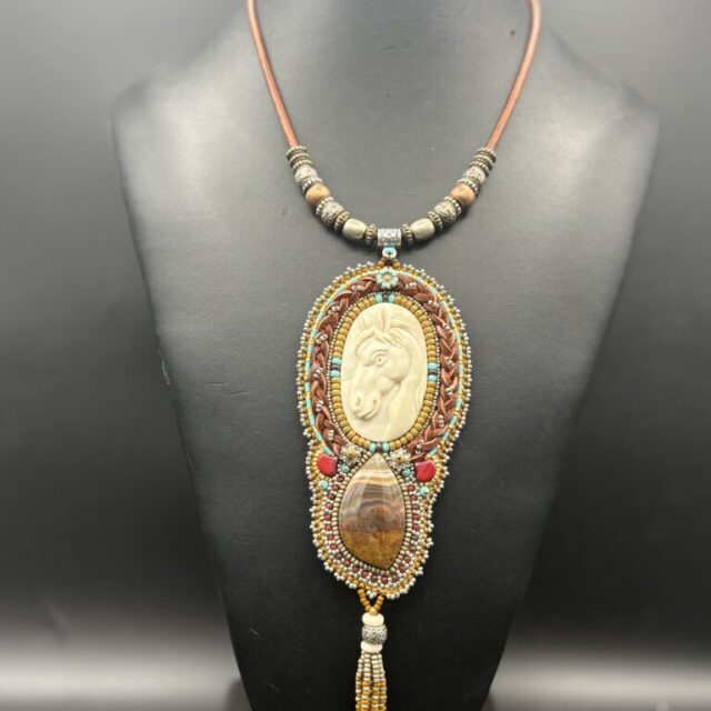 Carved Bone Horse with Brazillian Agate Beaded Necklace by Sue Horine