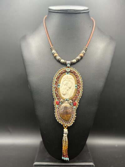 Carved Bone Horse with Brazillian Agate Beaded Necklace by Sue Horine