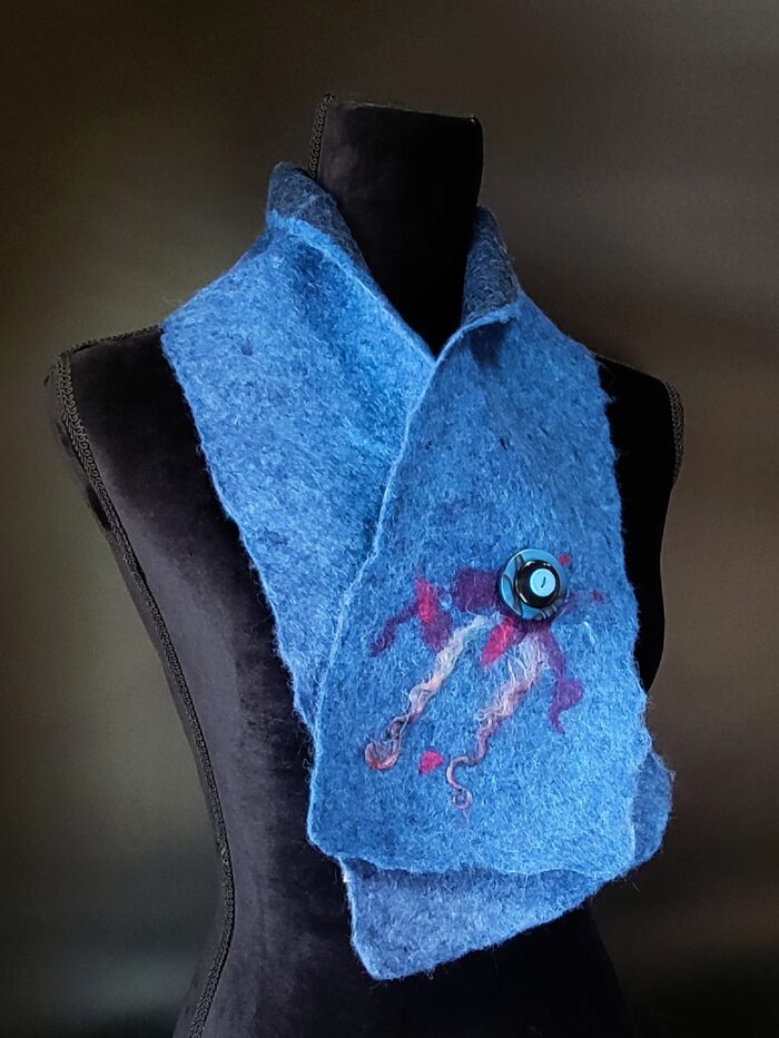 Blue Felted Merino Wool and Silk Scarf Collar by Joan Roberts