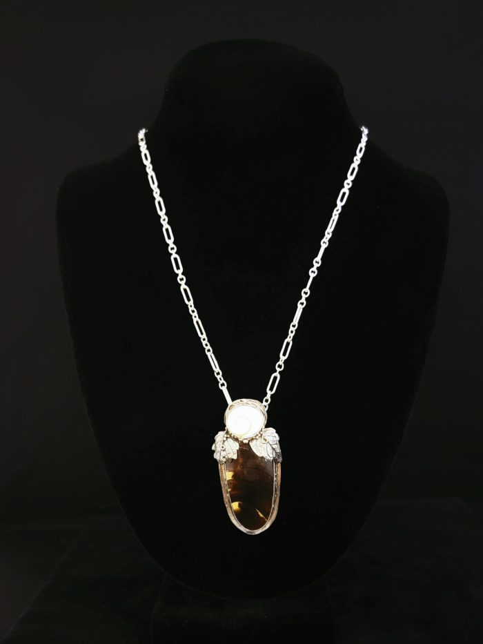 Fine Silver Amber and Fossilized Shell Necklace by Joan Roberts 1110n