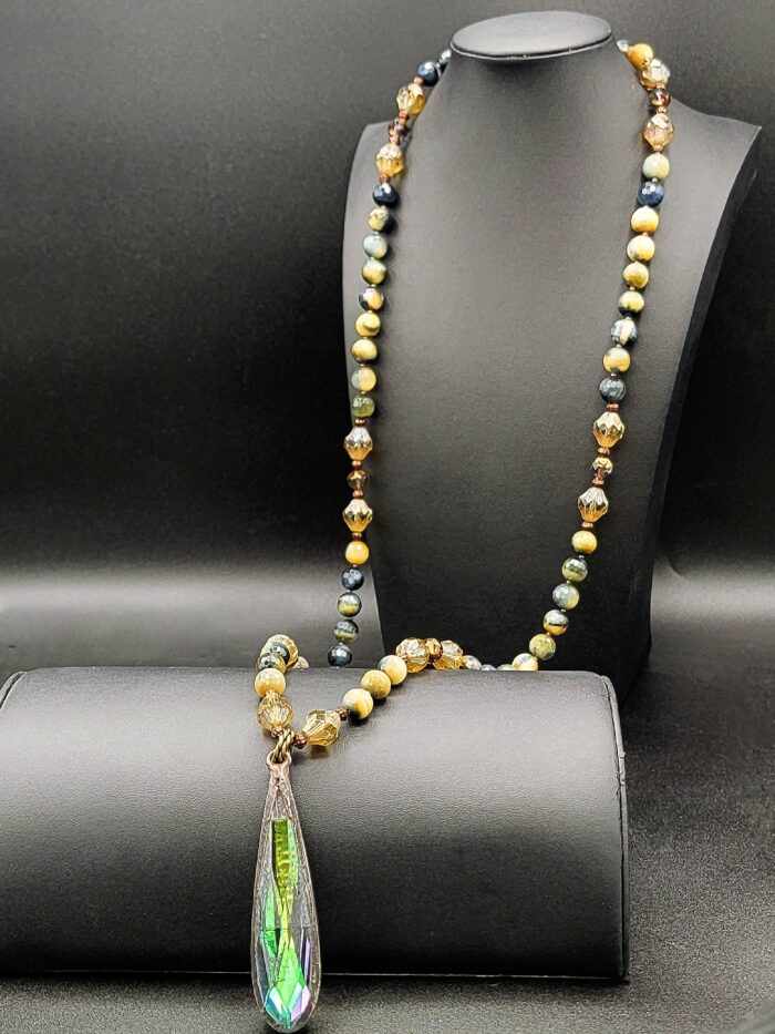 Blue Tiger Eye and Crystal Long Necklace by Carol Kahn