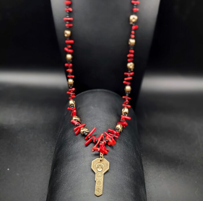 29 inch Brass, Gold, Hematite, Coral, and Glass Beaded Necklace by Smokey Cruz N017