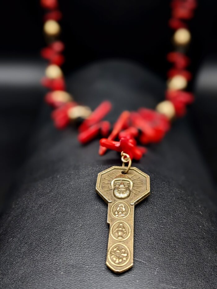 29 inch Brass, Gold, Hematite, Coral, and Glass Beaded Necklace by Smokey Cruz N017 - Image 3