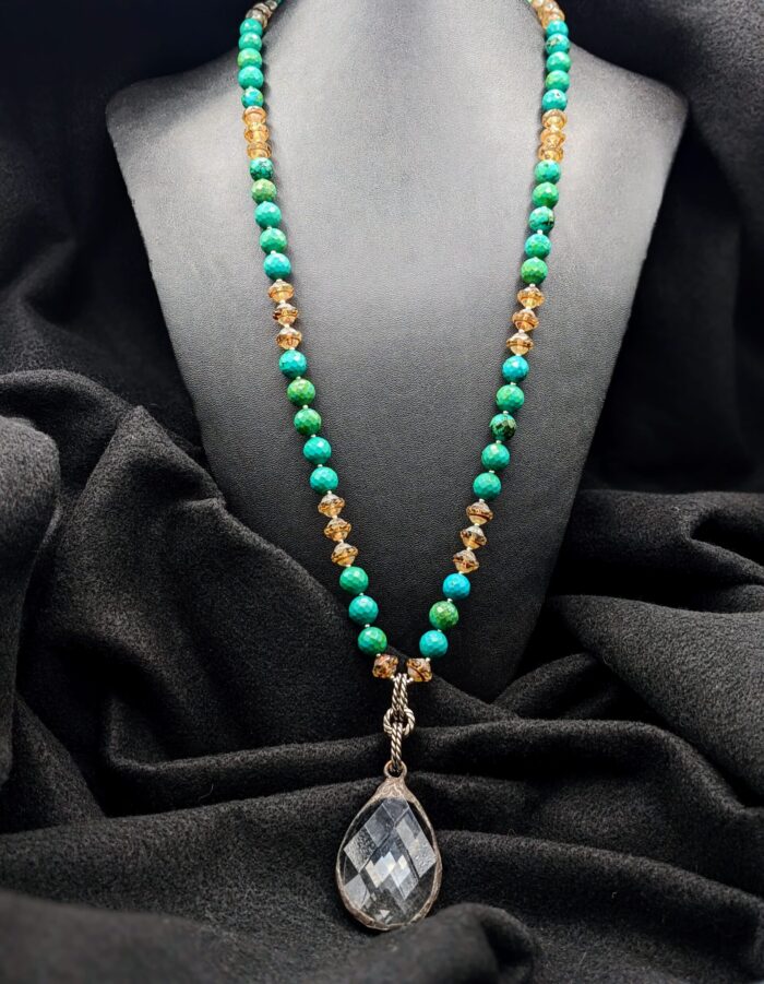 Green Turquoise with Oval Crystal Pendant by Carol Kahn