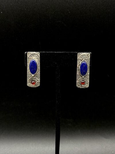 Fine Silver Lapis and Garnet Earrings by Joan Roberts 3021e