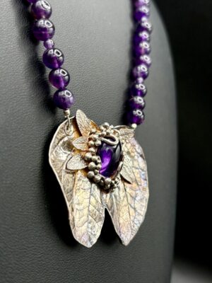 Fine Silver Leaf with Amethyst and Amethyst Bead Necklace by Joan Roberts