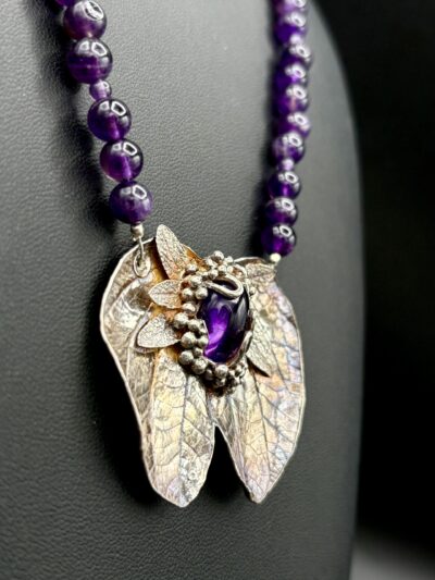 Fine Silver Leaf with Amethyst and Amethyst Bead Necklace by Joan Roberts
