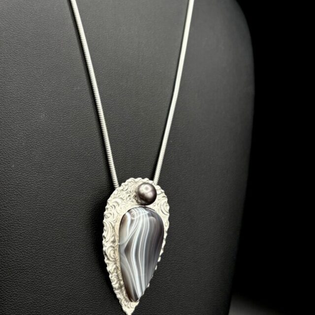Fine Silver Botswana Agate and FW Pearl Necklace by Joan Roberts 5003n