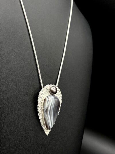 Fine Silver Botswana Agate and FW Pearl Necklace by Joan Roberts 5003n