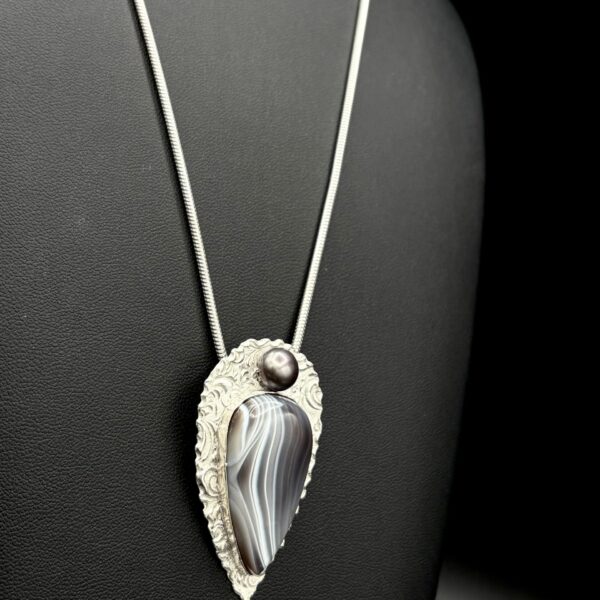 Fine Silver Botswana Agate and FW Pearl Necklace by Joan Roberts 5003n