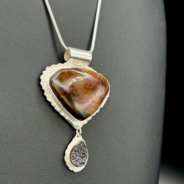 Fine Silver Tiger Eye and Drusy on SS Chain by Joan Roberts 5006n