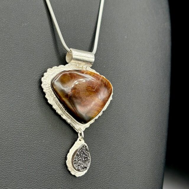 Fine Silver Tiger Eye and Drusy on SS Chain by Joan Roberts 5006n
