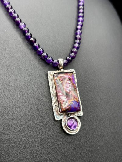 Fine Silver Mojave Turquoise and Amethyst Necklace by Joan Roberts 5009n