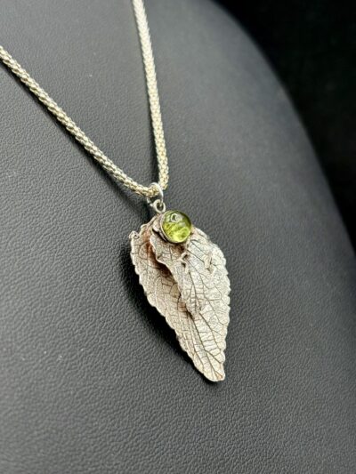 Fine Silver and Peridot Leaf Necklace by Joan Roberts 5022n