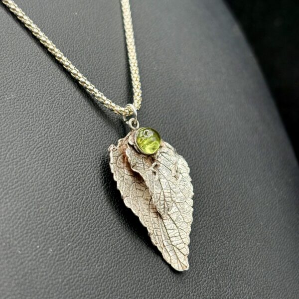 Fine Silver and Peridot Leaf Necklace by Joan Roberts 5022n