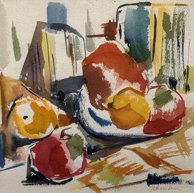 Still Life with Fruit and Bottle No1 by Myrna Harrison