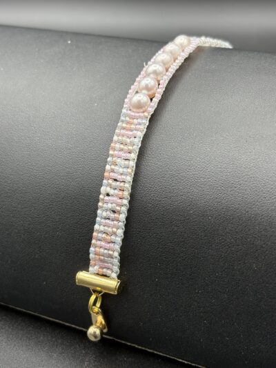 Blue Cream White Pastel Seed Beads with 6 Pink Pearls by Nancy Leicht NanC30