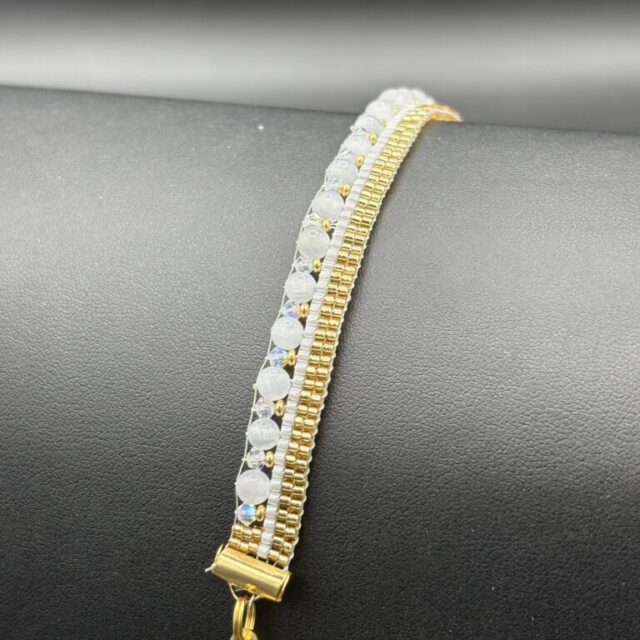 Mother of Pearl, Swarovski Crystals, Gold and White Delicas by Nancy Leicht NanC42