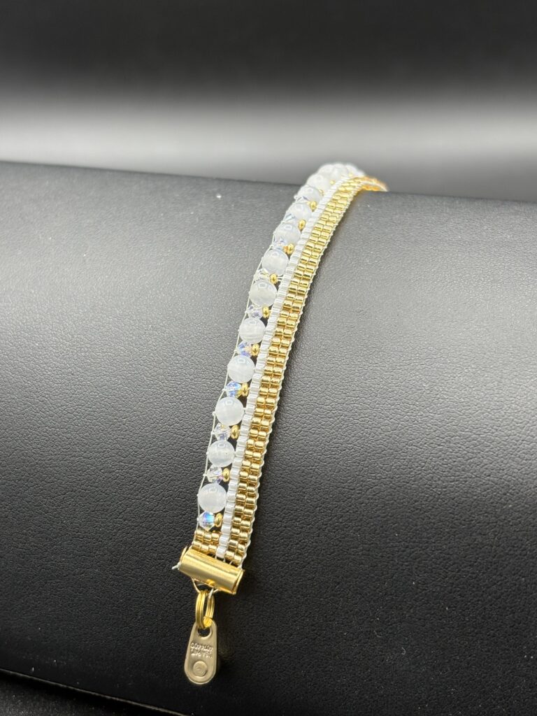 Mother of Pearl, Swarovski Crystals, Gold and White Delicas by Nancy Leicht NanC42