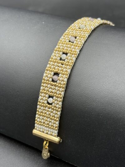 Window Pattern Gold and Pearl Seed Bead with Mother of Pearl and Rose Quartz by Nancy Leicht NanC45