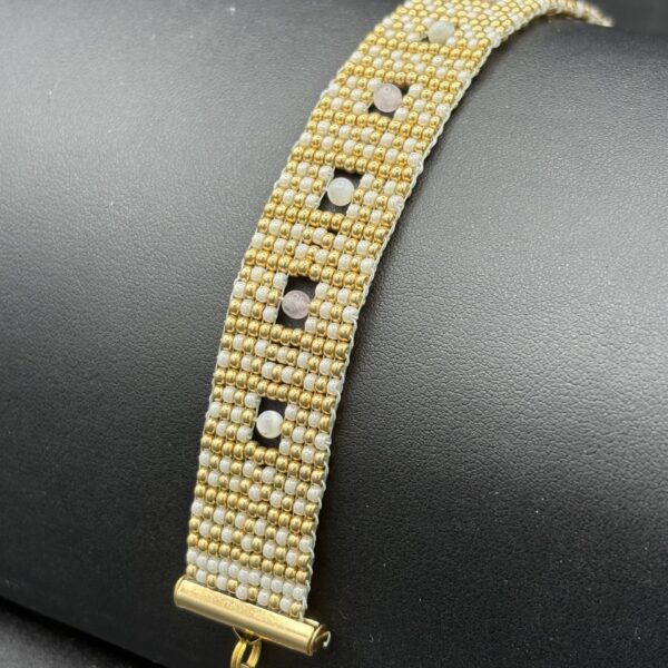 Window Pattern Gold and Pearl Seed Bead with Mother of Pearl and Rose Quartz by Nancy Leicht NanC45