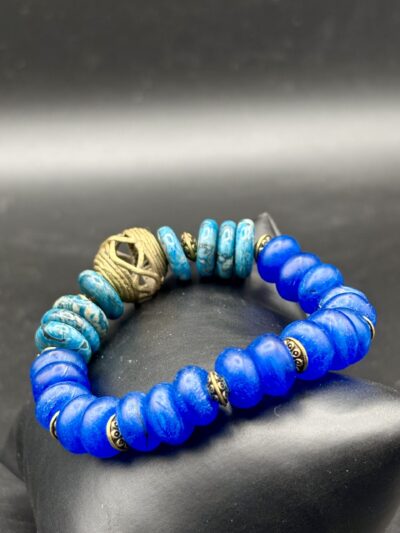 Blue and Brass Stretch Bracelet by Smokey Cruz