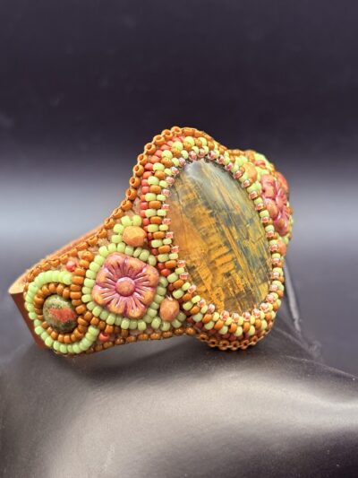 Neelite and Unakite Pink Flower Leather Cuff C23 by Sue Horine