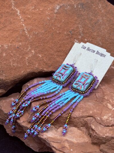 Turquoise Rectangle Fringe Earrings E47 by Sue Horine