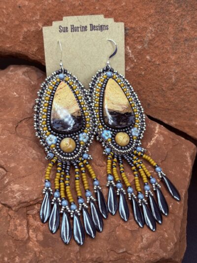 Petrified Palm Root and Eagle Eye Jasper Earrings E51 by Sue Horine