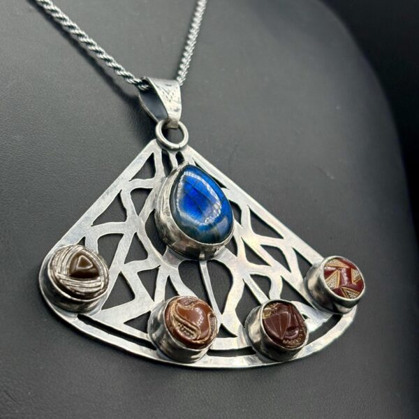 Large Lattice-Cut Pendant with Labradorite and Buttons KM006 by Kristine Mills
