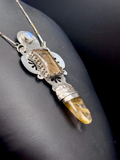 Moonstone, Reticulated Quartz, and Tintype Pendant Necklace KM007 by Kris Mills