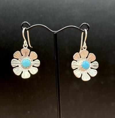 Sterling Silver Flower Earrings with Turquoise by Tom Yazzie TYE-548