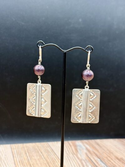 Sterling Rug Design Earrings with Pearls by Tom Yazzie TYE-682