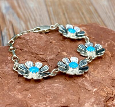 Sterling and Turquoise 4-Link Flower Bracelet by Tom Yazzie TYB716
