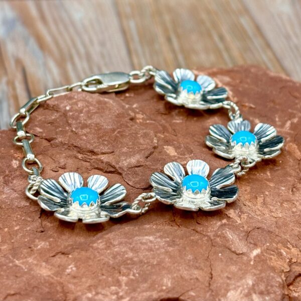 Sterling and Turquoise 4-Link Flower Bracelet by Tom Yazzie TYB716