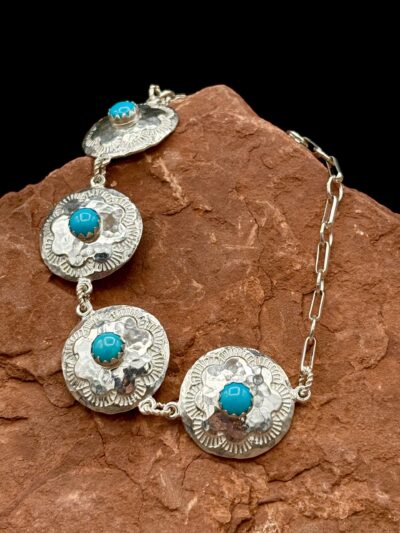 Sterling Bracelet with 4 Conchos and Turquoise by Tom Yazzie TYB814
