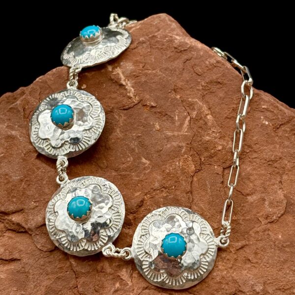 Sterling Bracelet with 4 Conchos and Turquoise by Tom Yazzie TYB814
