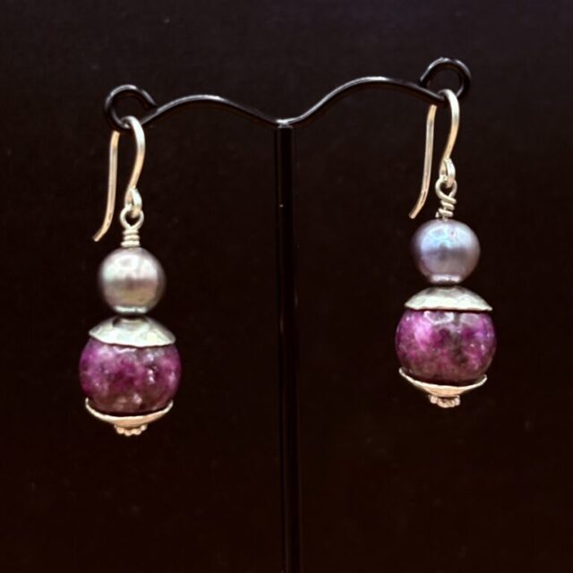 Purple Mica Earrings with Sterling Caps and Pearls by Tom Yazzie TYE-844