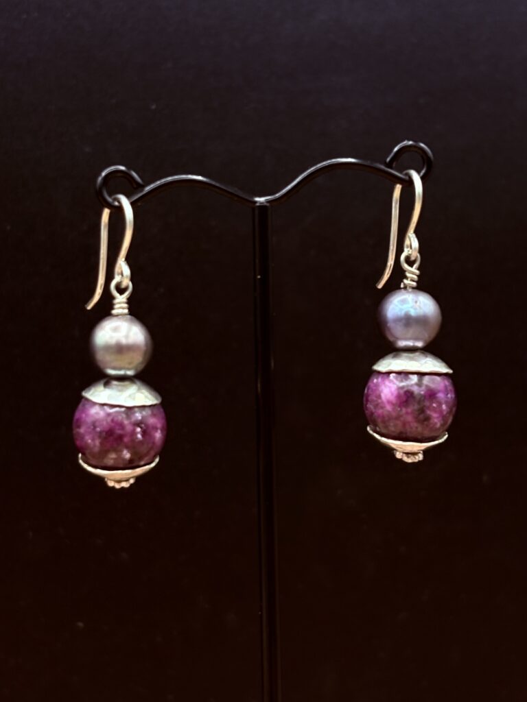 Purple Mica Earrings with Sterling Caps and Pearls by Tom Yazzie TYE-844