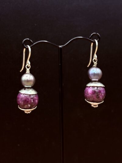 Purple Mica Earrings with Sterling Caps and Pearls by Tom Yazzie TYE-844