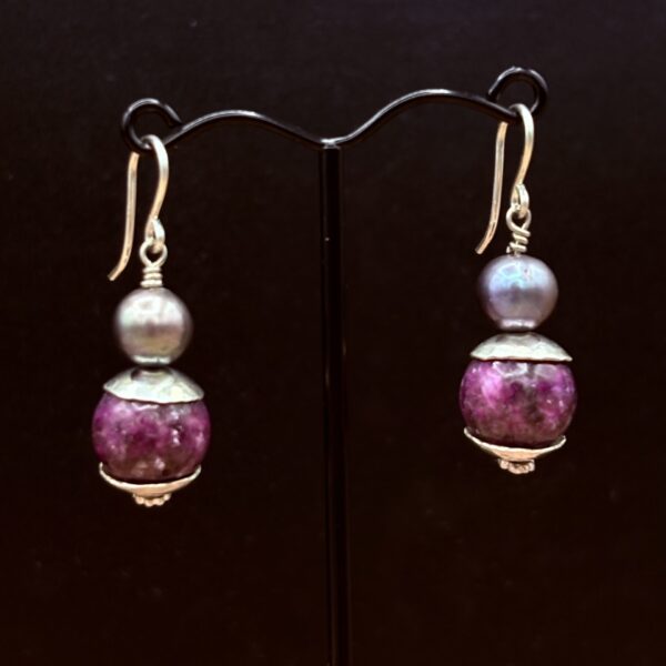 Purple Mica Earrings with Sterling Caps and Pearls by Tom Yazzie TYE-844