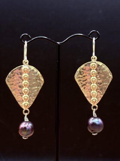 Inverted Bronze Shield Earrings with Pearls by Tom Yazzie TYE-875