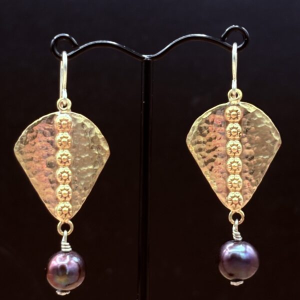 Inverted Bronze Shield Earrings with Pearls by Tom Yazzie TYE-875