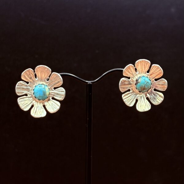 Sterling Silver Flower Post Earrings with Turquoise by Tom Yazzie TYE-912