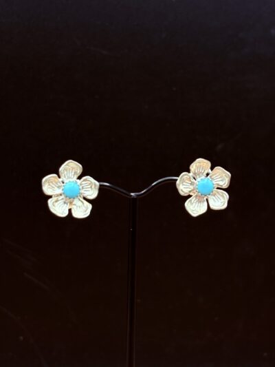 Sterling Silver 5-Petal Flower Post Earrings with Turquoise by Tom Yazzie TYE-913