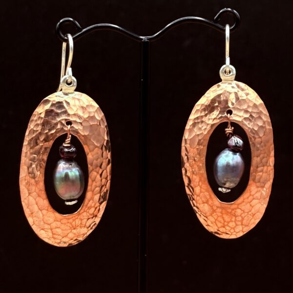 Oval Copper Earrings with Pearls and Garnets by Tom Yazzie TYE-925