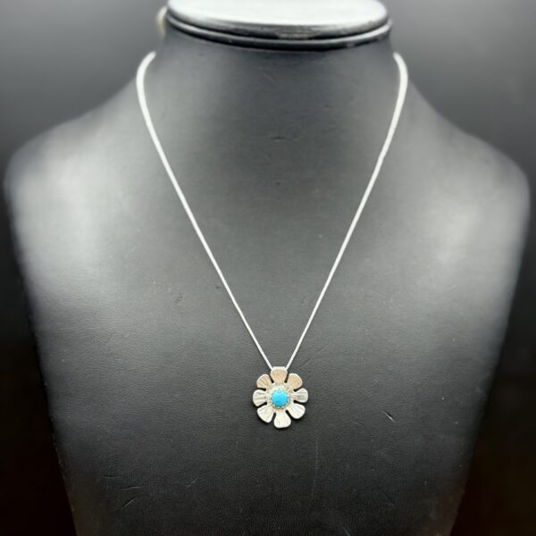 Sterling Silver Flower Pendant with Turquoise by Tom Yazzie TYP-595