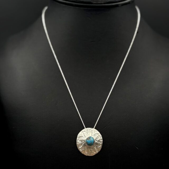 Sterling Silver Convex Basket Design Pendant with Turquoise by Tom Yazzie TYP-611