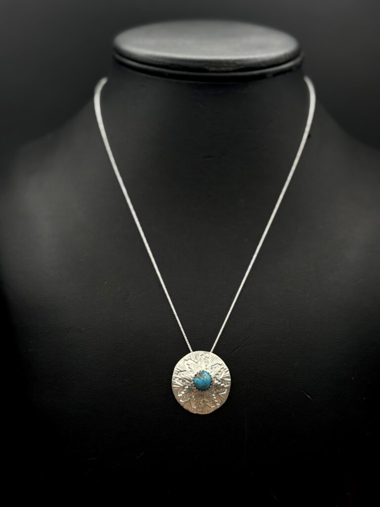 Sterling Silver Convex Basket Design Pendant with Turquoise by Tom Yazzie TYP-611