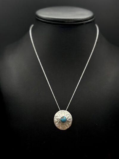 Sterling Silver Convex Basket Design Pendant with Turquoise by Tom Yazzie TYP-611